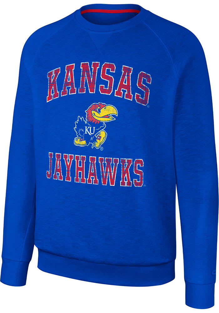Colosseum Kansas Jayhawks Mens Blue Reggie Long Sleeve Crew Sweatshirt