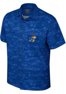 Colosseum Kansas Jayhawks Mens Blue Ozark Camp Short Sleeve Dress Shirt