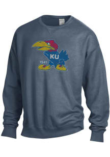 Kansas Jayhawks Mens Navy Blue Comfort Wash 41 Jayhawk Long Sleeve Crew Sweatshirt