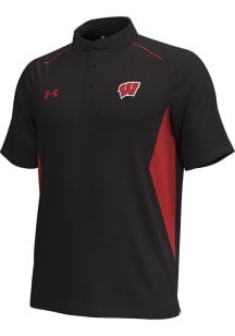 Mens Wisconsin Badgers Black Under Armour Sideline Title Short Sleeve Polo Shirt