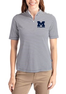 Womens Michigan Wolverines Blue Cutter and Buck Letterwinners M Club Virtue Eco Pique Stripe Short..