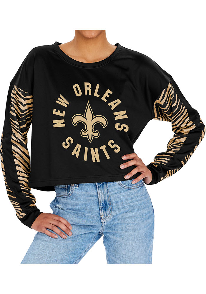 Zubaz New Orleans Saints Womens Black Zebra Crop Crew Sweatshirt
