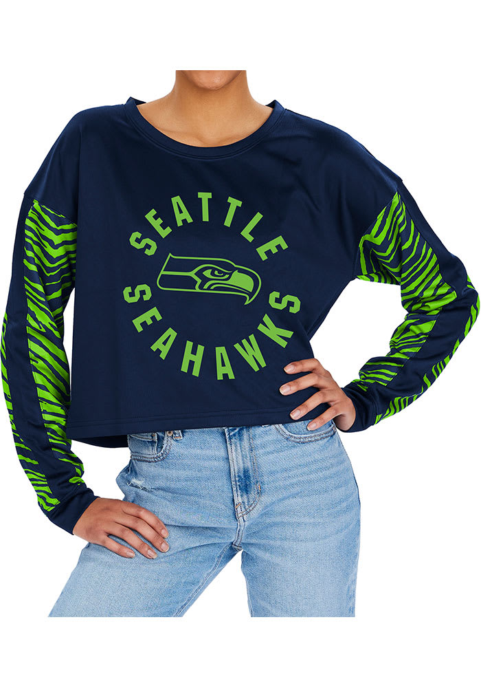 Zubaz Seattle Seahawks Womens Navy Blue Zebra Crop Crew Sweatshirt