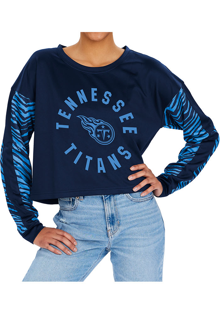Zubaz Tennessee Titans Womens Navy Blue Zebra Crop Crew Sweatshirt