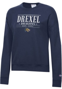 Womens Drexel Dragons Navy Blue Champion Striped Stacked Powerblend Crew Sweatshirt