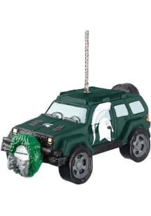 Green Michigan State Spartans jeep with wreath Ornament