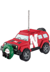 Red Nebraska Cornhuskers jeep with wreath Ornament