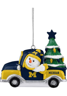 White Michigan Wolverines Snowman Riding Truck Ornament