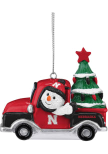 White Nebraska Cornhuskers Snowman Riding Truck Ornament