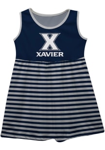 Xavier Musketeers Girls Navy Blue Stripes Short Sleeve Dress