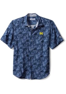 Mens Michigan Wolverines Navy Blue Tommy Bahama Sport Jungle Shade Silk Camp Short Sleeve Dress ..