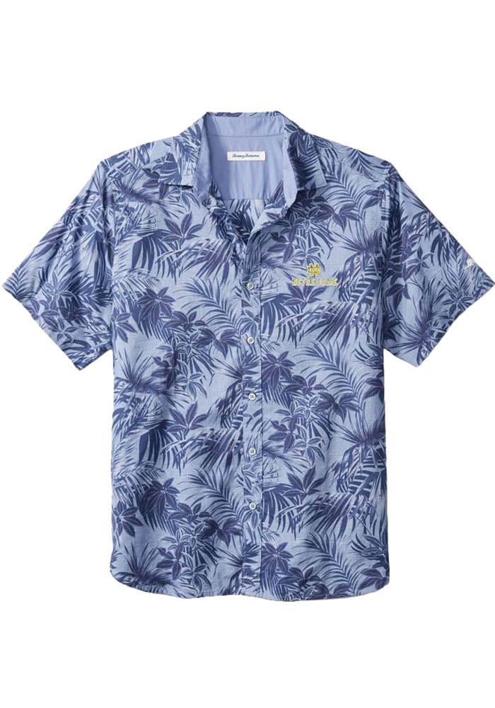 Tommy Bahama Notre Dame Fighting Irish Mens Navy Blue Sport Printed Reign Forest Fronds Short Sleeve Dress Shirt