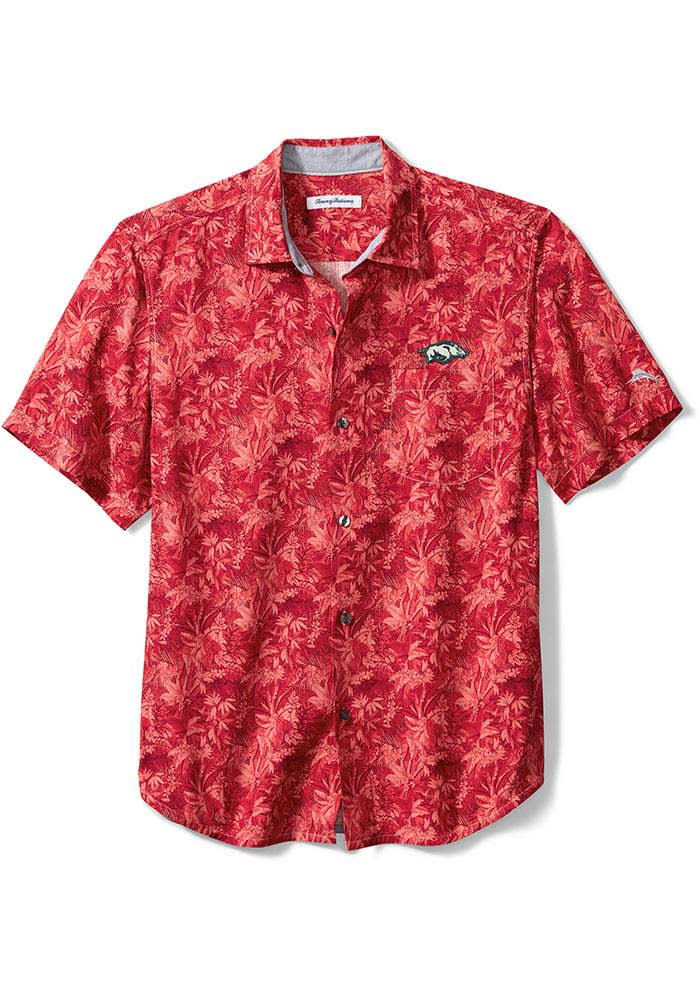 Tommy Bahama Arkansas Razorbacks Mens Red Sport Jungle Shade Silk Camp Short Sleeve Dress Shirt