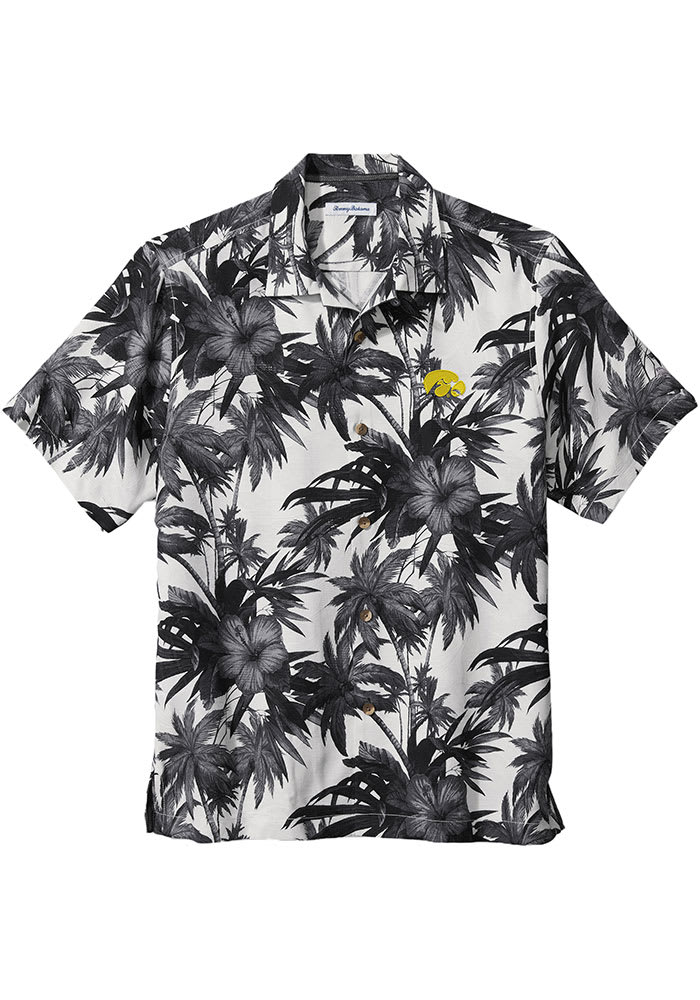 Tommy Bahama Iowa Hawkeyes Mens Black Sport Harbor Island Hibiscus Silk Camp Short Sleeve Dress Shirt