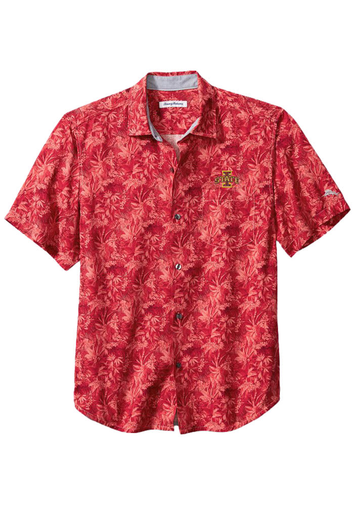 Tommy Bahama Iowa State Cyclones Mens Red Sport Jungle Shade Silk Camp Short Sleeve Dress Shirt