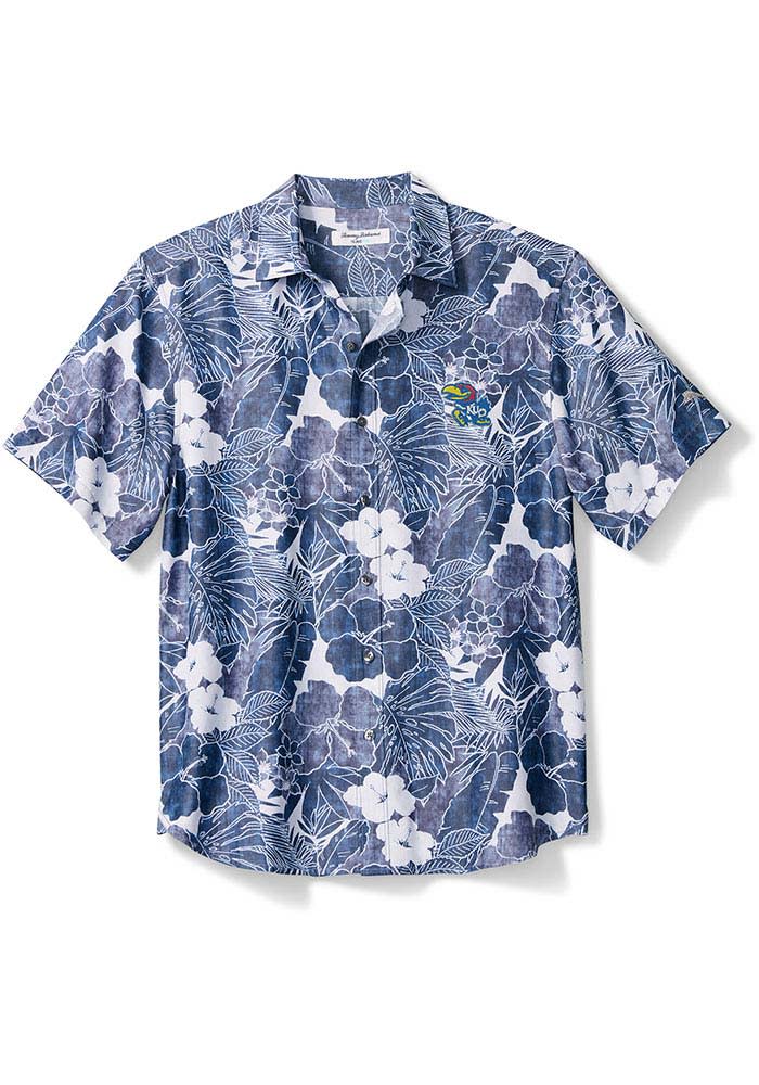 Tommy Bahama Kansas Jayhawks Mens Blue Coconut Point Playa Flora Short Sleeve Dress Shirt