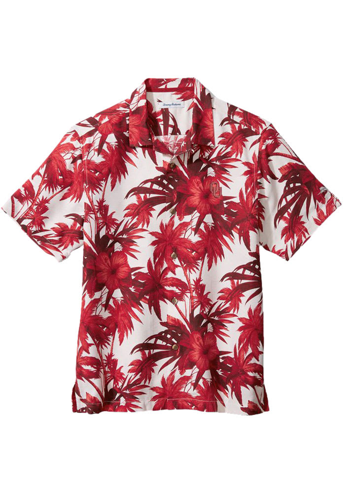 Tommy Bahama Oklahoma Sooners Mens Red Sport Harbor Island Hibiscus Silk Camp Short Sleeve Dress Shirt