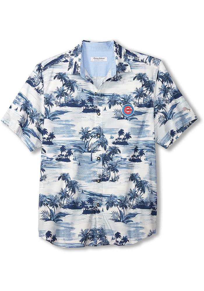 Tommy Bahama Chicago Cubs Blue Sport Tropical Horizons Shirt Short Sleeve Dress Shirt, Blue, 96% Cotton, 4% SPANDEX, Size L, Rally House