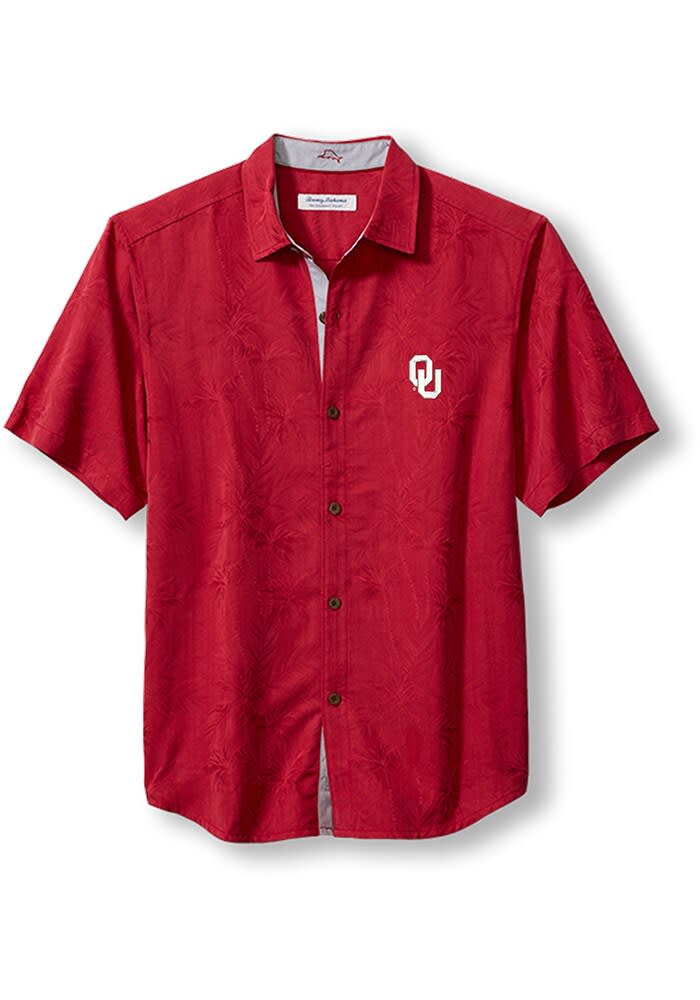 Tommy Bahama Oklahoma Sooners Mens Red Coconut Point Playa Flora Short  Sleeve Dress Shirt