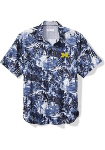 Mens Michigan Wolverines Navy Blue Tommy Bahama Sport Electric Blooms Camp Short Sleeve Dress Sh..