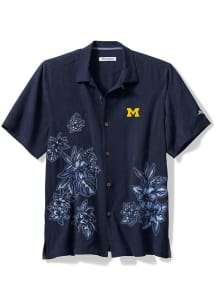 Mens Michigan Wolverines Navy Blue Tommy Bahama Hibiscus Vibrations Camp Short Sleeve Dress Shir..