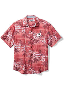 Tommy Bahama Wisconsin Badgers Mens Red Sport Coconut Point Isla Palmetta Short Sleeve Dress Shirt