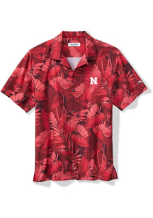 Mens Nebraska Cornhuskers Red Tommy Bahama SPORT BAHAMA FRONDS Short Sleeve Dress Shirt