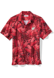 Tommy Bahama Wisconsin Badgers Mens Red SPORT BAHAMA FRONDS Short Sleeve Dress Shirt