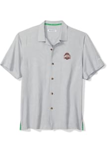 Mens Ohio State Buckeyes Grey Tommy Bahama The Big Score Football Short Sleeve Dress Shirt