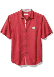 Mens Wisconsin Badgers Red Tommy Bahama Coconut Point Isla Palm Vista Short Sleeve Dress Shirt