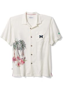 Mens Michigan Wolverines White Tommy Bahama Fly Ball Short Sleeve Dress Shirt