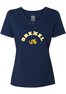 Summit Sportswear Drexel Dragons Womens Navy Blue Rhinestone and Pearl Perfect Short Sleeve T-Shir..