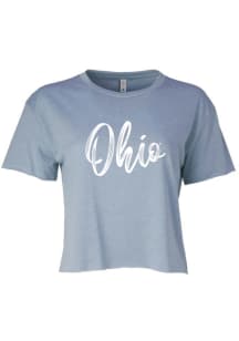 Ohio Women's Stonewash Denim Brush Script Wordmark Cropped Short Sleeve T-Shirt