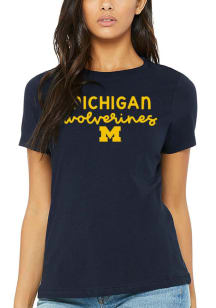 Michigan Wolverines Womens Navy Blue Script Logo Short Sleeve T-Shirt