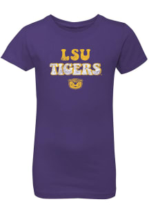 LSU Tigers Girls Purple Bubble Script-Vintage Mascot Short Sleeve Tee