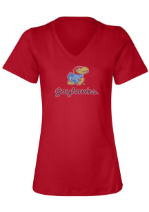 Kansas Jayhawks Womens Red Rhinestone Short Sleeve T-Shirt