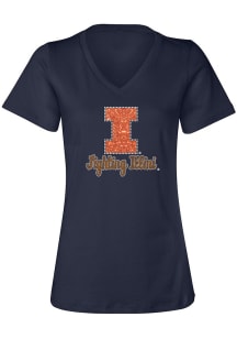 Illinois Fighting Illini Womens Navy Blue Rhinestone Short Sleeve T-Shirt