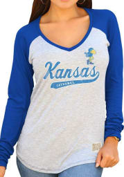 Original Retro Brand Kansas Jayhawks Juniors Grey Contrast Heather Long Sleeve T-Shirt