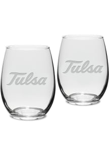 White Tulsa Golden Hurricane Hand Etched 15oz Set Stemless Wine Glass