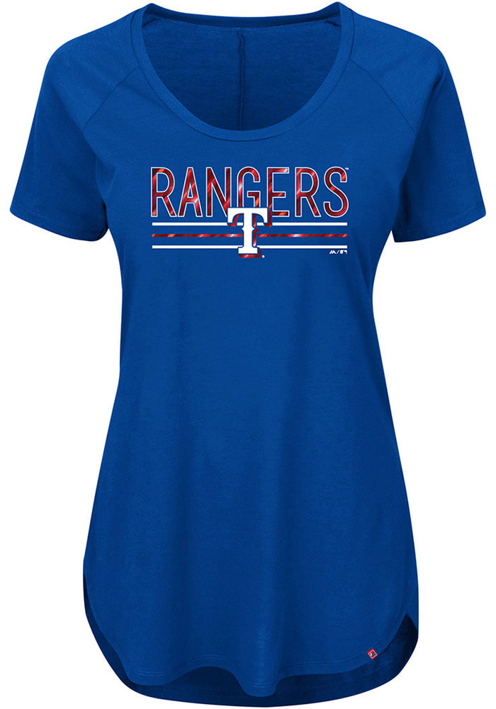 Majestic Texas Rangers Womens Blue Tough Decision Scoop T-Shirt