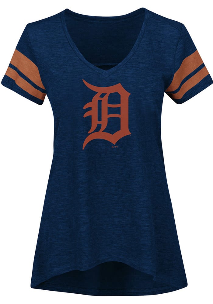 Majestic Detroit Tigers Womens Navy Blue Check The Tape V-Neck T-Shirt