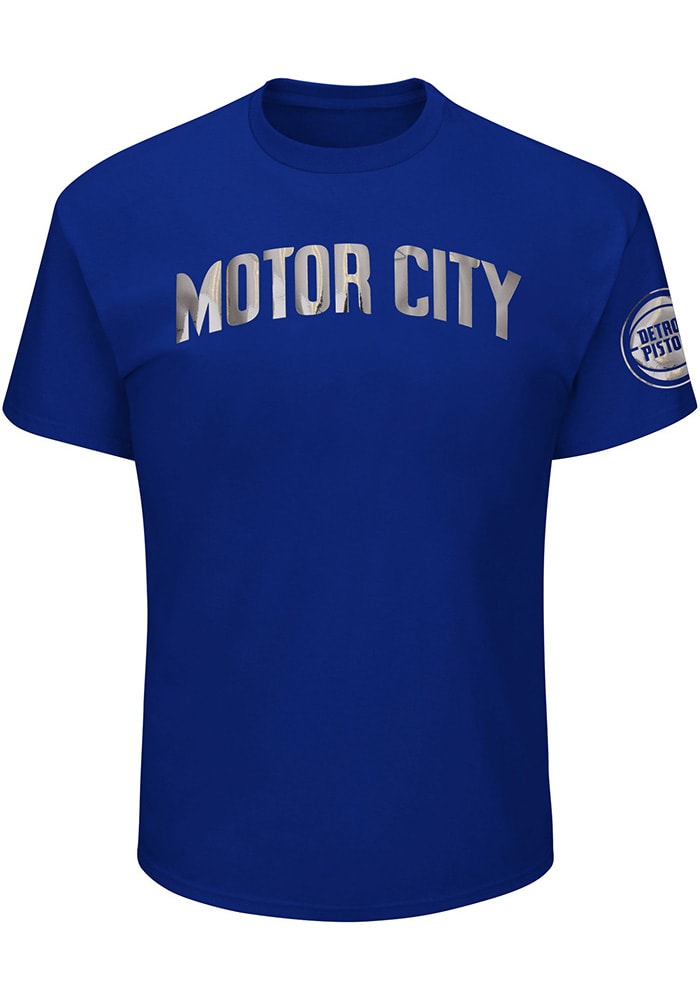 Majestic Detroit Pistons Blue Mirror Tek Patch Short Sleeve Fashion T Shirt