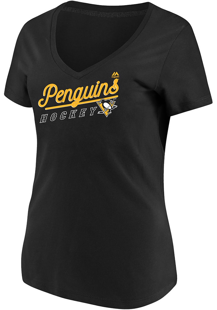 Majestic Pittsburgh Penguins Womens Black Goal Cage V Neck Short Sleeve T-Shirt