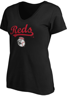 Cincinnati Reds Womens Black Script Tail Short Sleeve T-Shirt