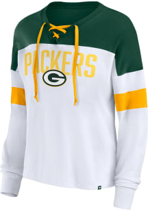 Green Bay Packers Womens White Lace Up LS Tee