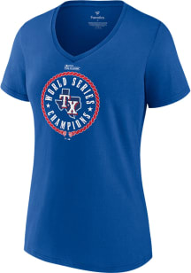 Texas Rangers Womens Blue 2023 WS Champions Stealing Home Short Sleeve T-Shirt