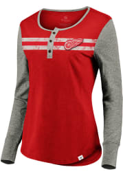 Detroit Red Wings Womens Red Retro Stripe Henley LS Tee