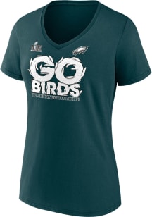 Philadelphia Eagles Womens Green 2024 Super Bowl Champs Hometown on Top Graphic Short Sleeve T-Shi..