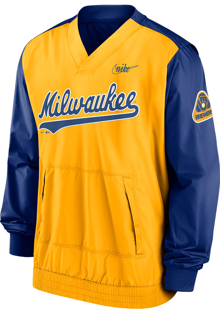 Nike Milwaukee Brewers Mens Gold COOPERSTOWN V-NECK Pullover Jackets