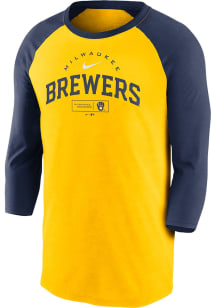 Nike Milwaukee Brewers Gold MODERN ARCH RAGLAN Long Sleeve Fashion T Shirt
